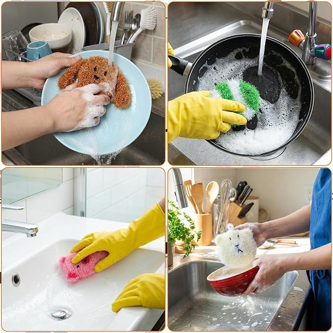 Mifoci 16 Pcs Animal Dish Scrubber Non Scratch Scrubbies for Dishes Double Layered Dish Washing Sponge Reusable Kitchen Scrubbers for Dishwashing Cleaning Dishes Cookware Tubs Sinks Bathroom