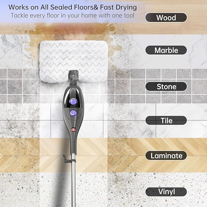 Steam Mop 12-in-1 Handheld Steam Cleaner 15-Second Heat Up 400ml Tank Adjustable Steam Control for Hardwood Floors Tile Carpet Windows Furniture Multi-Surface Cleaner with Washable Pads