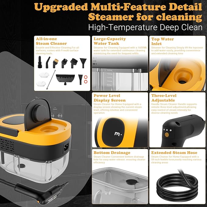 Steam Cleaner - 3-Level Adjustable Handle 15s Heat-Up - Steaming cleaner with 10pcs Accessories - Portable Steam Cleaner for Home for Car Dirt Grease Grout Tile Floor Couch Furniture-Yellow