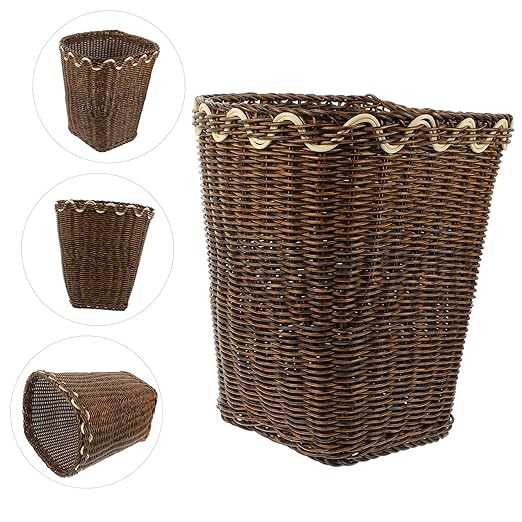 TEHAUX Woven Trash Basket Pastoral Style Garbage Bin for Bathroom Natural Plastic Wastebasket Decorative Woven Container for Office and Home Use