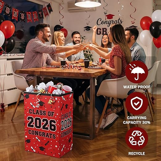 Tinlade 6 Pack 2026 Red and Black Graduation Decorations 13 Gallon Disposable Trash Cans Class of 2026 Party Garbage Bins Large Waterproof Foldable Recycle Pop up Bins for Graduation Party School