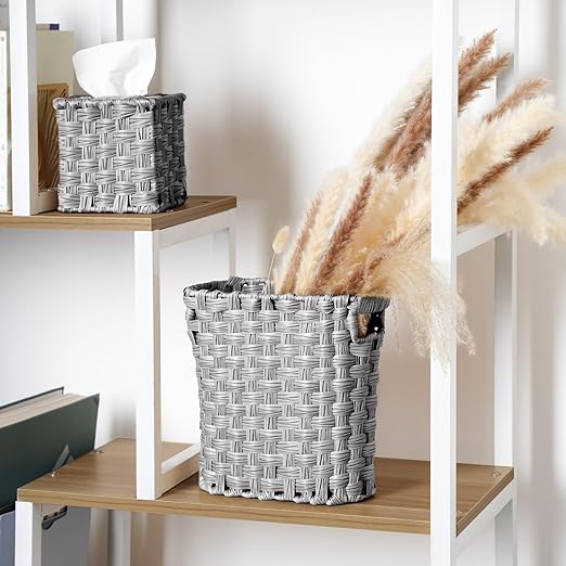 Wicker Waste Basket With Built-in Handles - Multifunctional Mini Trash Can for Home and Office Compact Design and Durable Construction With Fine Artisanal Craftsmanship (Gray)