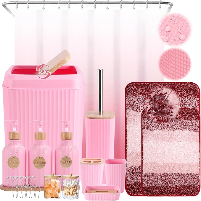 Bathroom AccessoriesBathroom Set with Shower CurtainRugsTrash CanLotion Soap DispenserToothbrush HolderSoap Dish Tags with Tray（Pink1 ）（Bath Set+Shower Curtain+Bath Rugs）