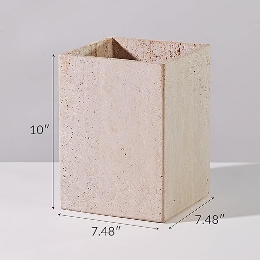 Modern Square Travertine Waste Basket Natural Stone Bathroom Trash Can Decorative Home Garbage Container Beautiful Travertine Look Rubbish Bin for Bathroom Bedroom Kitchen Home Office
