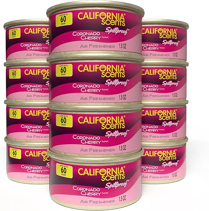 Can Air Freshener and Odor Neutralizer by California Scents Set of 12 Spillproof Cans for Home and Car Coronado Cherry 1.5 Oz Each
