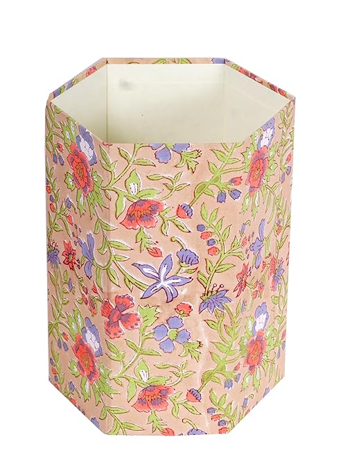 Handmade Cotton Paper Waste Basket Stylish Trash Can for Home or Office (1 Gloden RED FLOWAR)