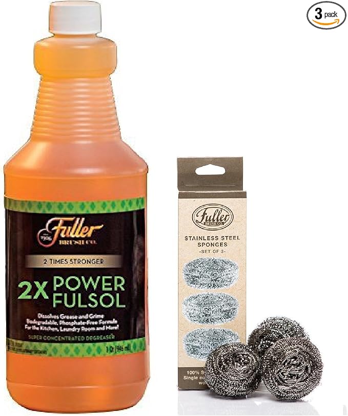 Fuller Brush 2X Power Fulsol Degreaser Kit – Heavy-Duty Cleaner Concentrate + 3 Stainless Steel Scrubbers – Cuts Grease Oil &amp Grime (Degreaser with Scrubber)