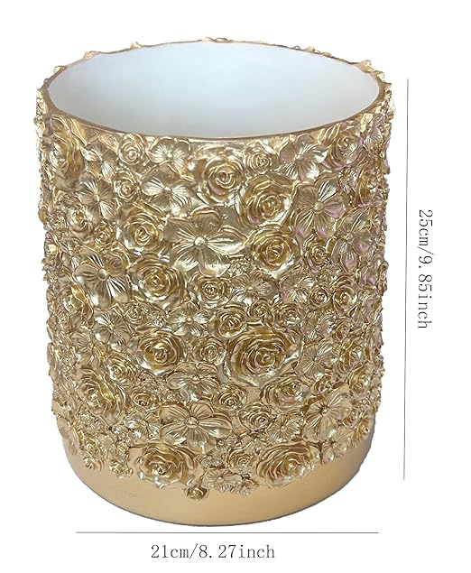 Decorative Glod Trash Can Elegant Resin Carved Waste Basket 8x10 Trash Bin Decor Rose Floral Garbage Can for Office BathroomBedroomLivingroom 8L/2.2Gallon(Gold)
