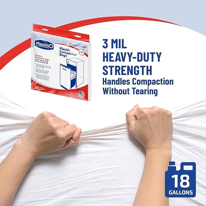Plastico Compactor Bags for 15” Rectangular Trash Compactors 60 Bags + 60 Twist Ties Heavy Duty 3 Mil Thick Plastic 18 Gallon Pre-Punched Holes for Easy Attachment Strong &amp Flexible Crushing
