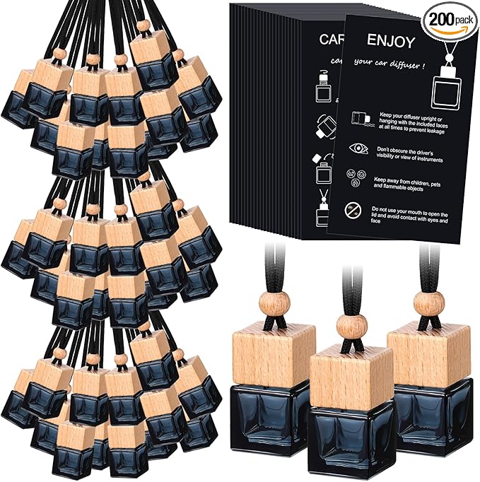 200 Sets Car Diffuser Bottles Empty Bulk Hanging Car Air Freshener Diffuser Bottles Bulk Glass Perfume Holder with Instruction Cards for Essential Oil Fragrance Pendant(SquareBlack)