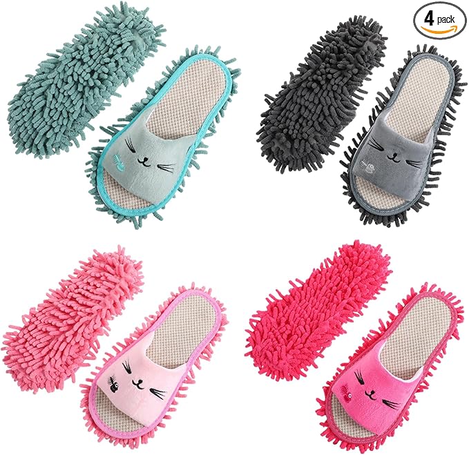 4 Pairs Washable Mop Slippers for Floor Cleaning Microfiber Slippers Floor Cleaning Mop Shoes Anti-Slip Detachable Funny Clean Dusting Slipper for Women Home Office Kitchen Floors Dust Dirt
