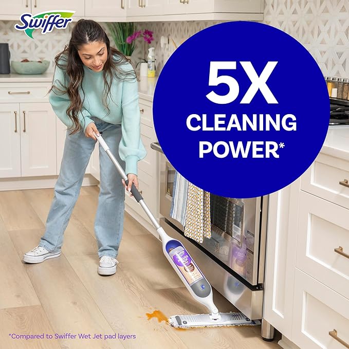 Swiffer Power Mop Wood Hardwood Floor Cleaner for Mopping Home Bathroom Kitchen All Purpose Multi-Surface Cleaning Set includes PowerMop Wood 2 Pads 1 QuickDry Lemon Solution &amp 2 Batteries
