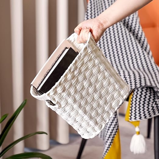 Wicker Waste Basket with Built-in Handles Multifunctional Mini Basket for Home and Office Compact Design and Durable Construction with Fine Artisanal Craftsmanship (White)