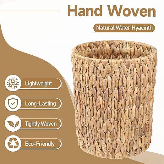 Wicker Waste Basket Water Hyacinth Bathroom Garbage Can with a Lid Small Decorative Boho Trash Can Compact Rattan Woven Bin for Household Kitchen Bedroom Office Living Room