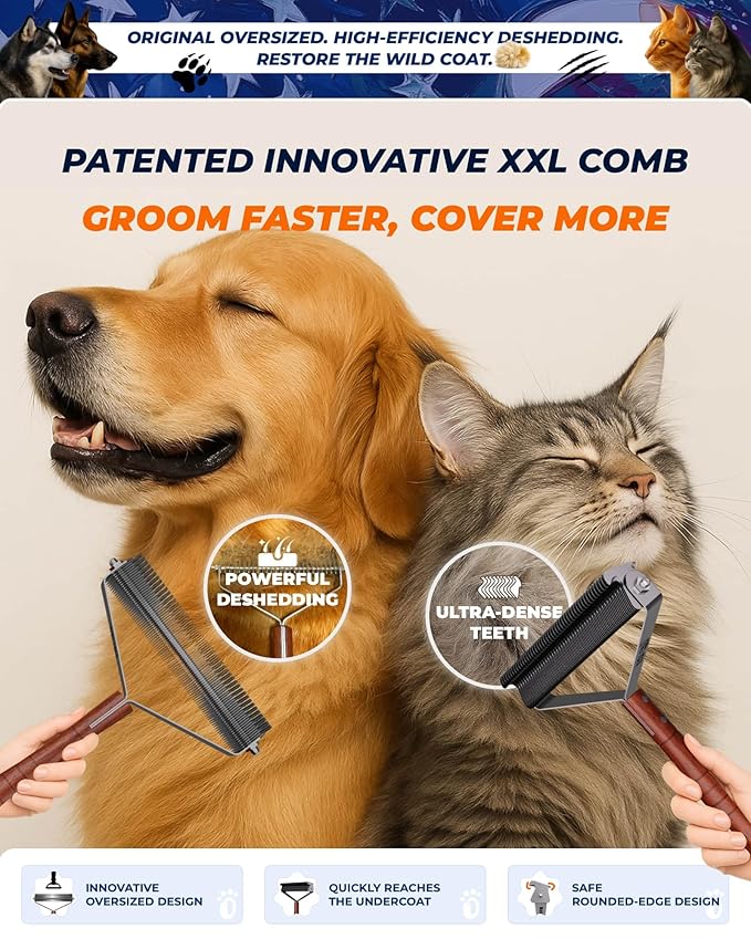 Extra Large 2-Sided Dog Brush For Shedding Undercoat Rake for Dogs &amp Cats &amp Horses Remove Mats Dematting CombGentle Grooming Brush for German Shepherds Medium to Long-Haired Pets(Walnut Han