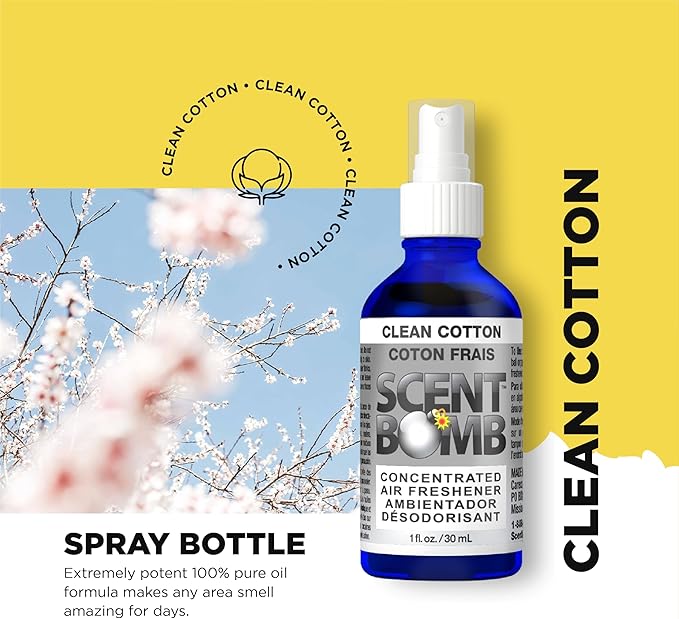 Scent Bomb Air Freshener Bundle - 1 oz &amp 8 oz Bottle Sprays Vent Clip Organic Cans Hanging Circle - Continuous Freshness &amp Long-Lasting Odor Eliminator for Car Home Bathroom - Clean Cotto