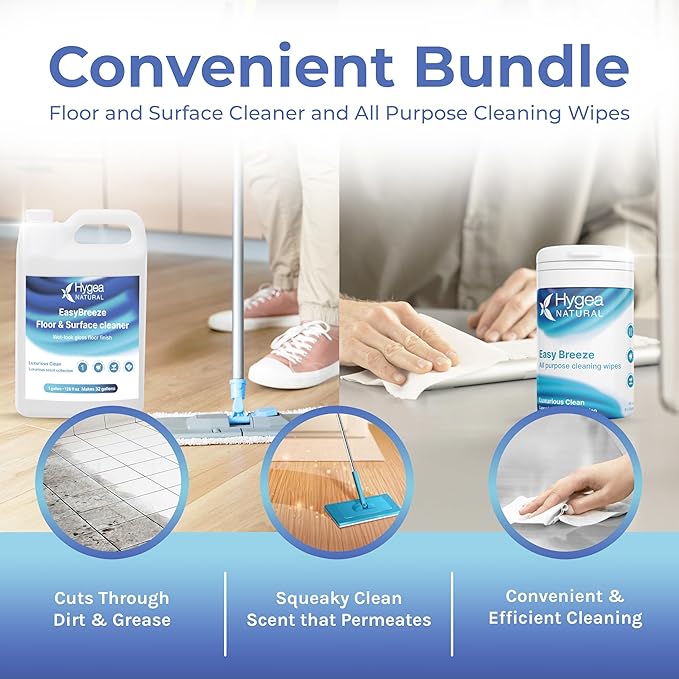 Hygea Natural EasyBreeze Ultimate Cleaning Bundle - PH Neutral Floor &amp Hard Surface Cleaner with All-Purpose Wipes - Luxurious Clean Scented (1 Gallon Floor Cleaner 50 ct. Wipes)
