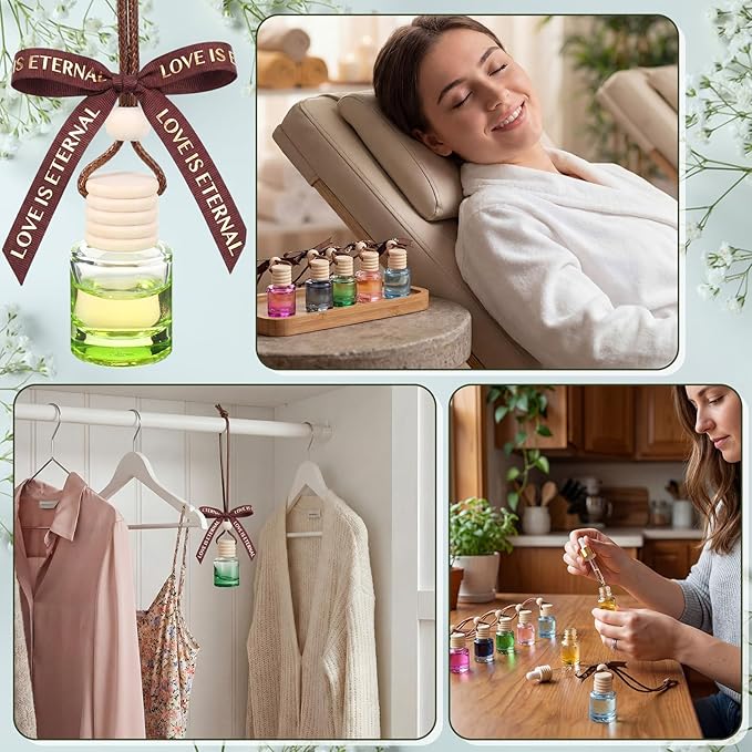 Mudder 50 Pcs Gradient Hanging Car Air Freshener Empty Clear Glass Diffuser Bottles for Essential Oils Perfume Pendant for Women Guests Wedding Favors Employee Appreciation Gifts(CylinderColorful)
