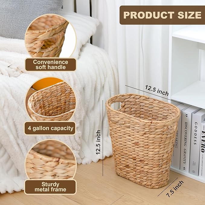 KOKODO Oval Water Hyacinth Waste Basket – Handwoven Wicker Trash Can with Handles &amp Metal Frame BOHO Decorative Garbage Bin for Bathroom Bedroom Home Office (1-Pack)