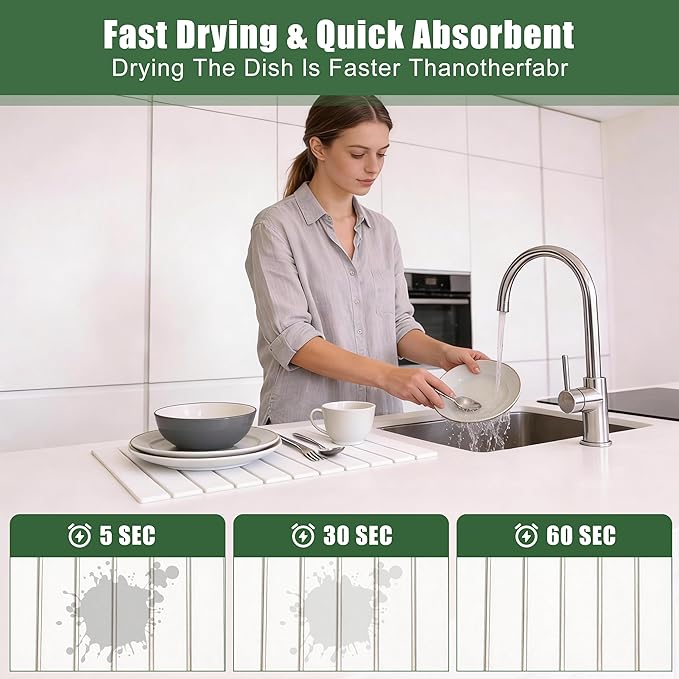 Large Stone Drying Mat for Kitchen Counter 24×16 Foldable Super Absorbent Stone Dish Drying Mat for Tableware Bottles and Cups Non Slip Diatomaceous drying matt kitchen counter (White)