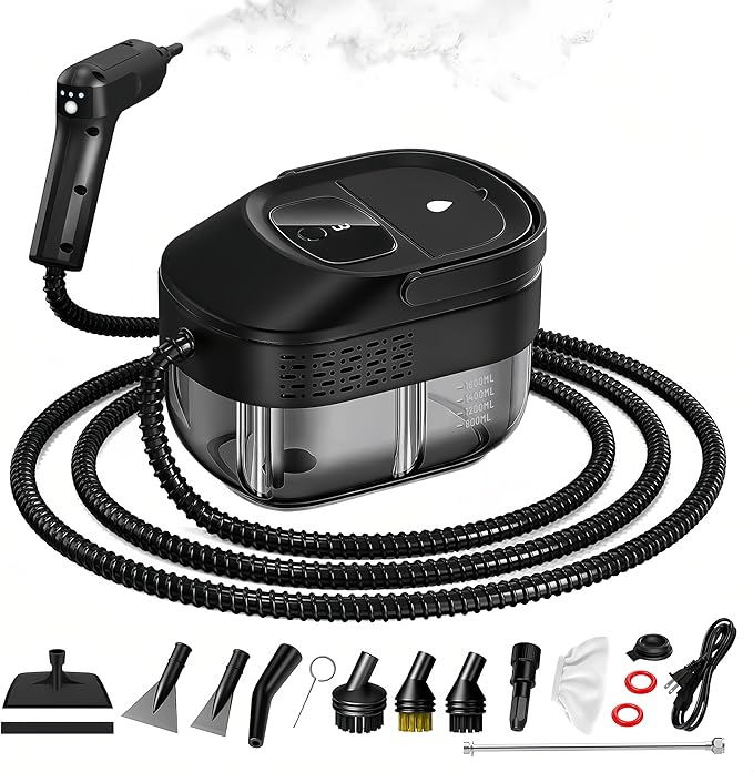 Pressurized Handheld Steam Cleaner 2500W 54oz Large-Capacity Steamer with 3-Level Adjustable Steam 15s Heat-Up &amp 15Pcs Accessories – for Car Tile Grout Couch Floor Bed Dirt Furniture