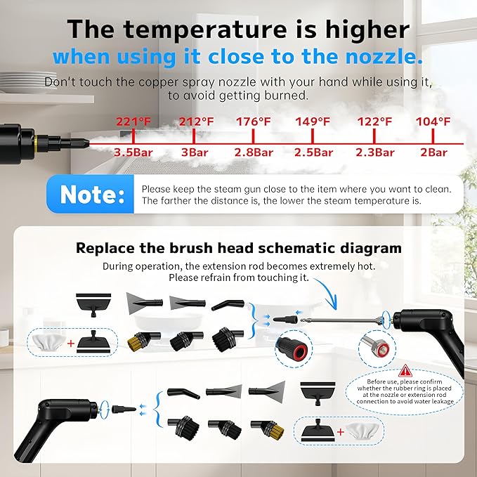Pressurized Handheld Steam Cleaner 2500W 54oz Large-Capacity Steamer with 3-Level Adjustable Steam 15s Heat-Up &amp 15Pcs Accessories – for Car Tile Grout Couch Floor Bed Dirt Furniture