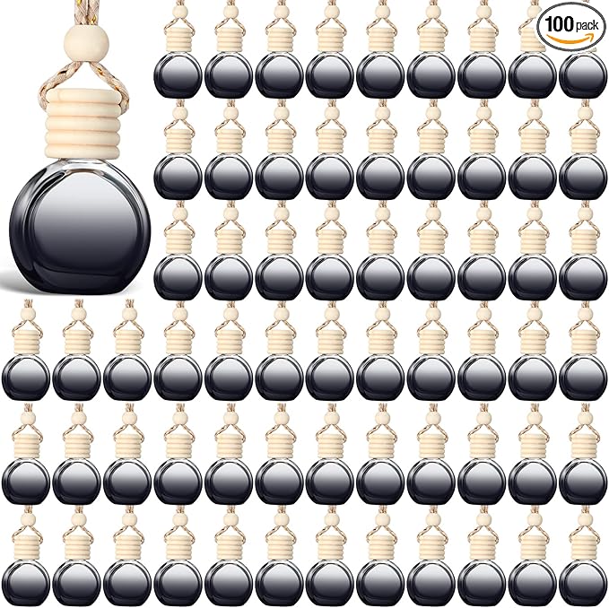 BBTO 100 Pcs Car Air Fresheners Diffuser with Wooden Cap Empty Aromatherapy Diffuser Clear Car Fragrance Holder Pendant Hanging Perfume Fresheners Bottles for Decor (BlackRound)