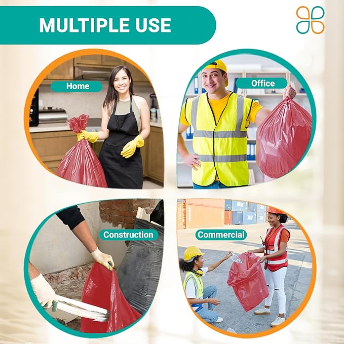 PlasticMill Heavy Duty Trash Bags - Red Garbage Bags - Plastic Trash Bags - Tall Trash Bags Trash Can Liners - 50-60 Gallon Large Kitchen Trash Bags 1.2 Mil 38x58 (100-Count)