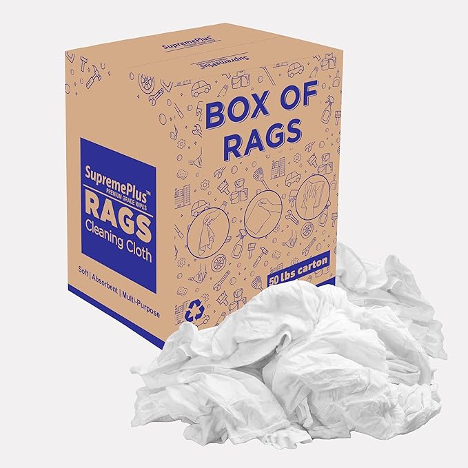 Premium White Knit (50 lbs. Box of Rags) Cotton T-Shirt Cloth Wiping Rags - Shop Cleaning Tshirt Cloths in a Box Staining &amp Finishing Rag for Auto Grease Paint &amp Wood