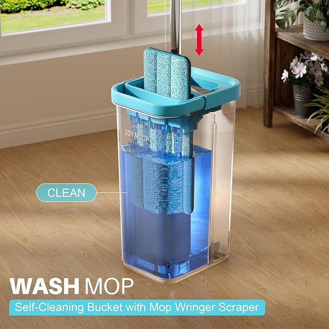 JOYMOOP Mop and Bucket Set with Wringer with 5 Reusable Microfiber Mop Pads Mops for Floor Cleaning and Wall Cleaning Hands-Free Flat Mop for Home Use - Grey+Cyan Blue