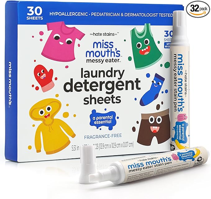 Miss Mouth's Messy Eater Stain Treater Pen - 2 Pack To Go Instant Stain Remover Pen and Detergent Sheets Newborn &amp Baby Essentials