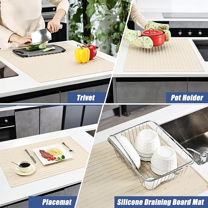 Silicone Dish Drying Mat 20 x 28 Non-Slip Easy Clean Sink Mat Large Heat-Resistant Dish Drainer Mat for Kitchen Counter Sink Refrigerator or Drawer Liner