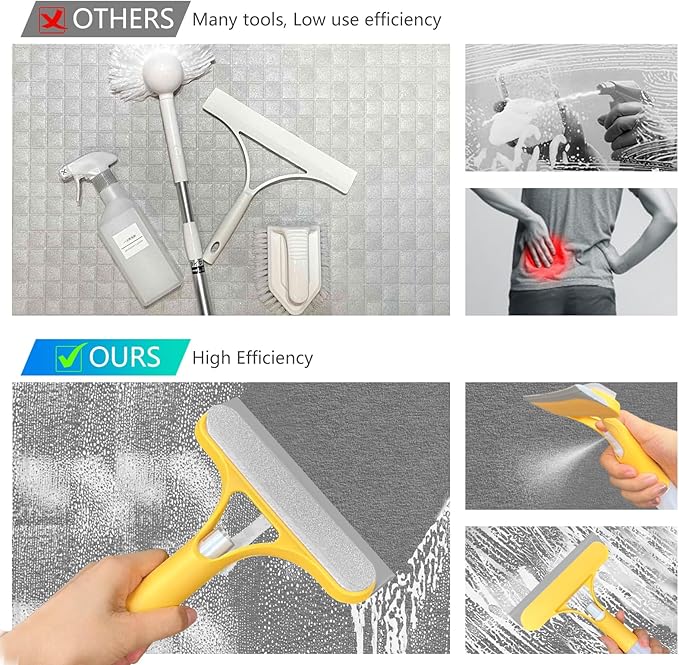 3-in-1 Spray Window Water Absorber Cleaner Scraper Scraper with Spray Device for Shower Glass Mirrors Cars Household Window Cleaning Tools (Yellow Blue White)