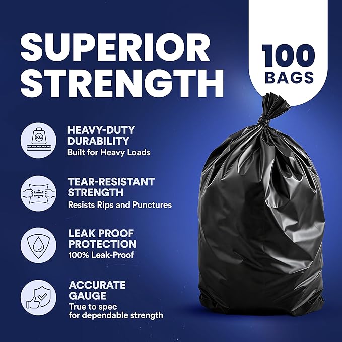 Plasticplace Trash Bags 32-33 Gallon │ 2.3 Mil │ Black Extra Heavy Garbage Bag │ 33” x 39” (100 Count) (W33LDB3)