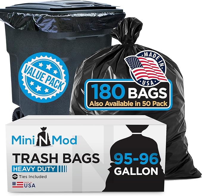 95-96 Gallon Trash Bags | 180 Bags ValuePack | Heavy Duty Black Garbage Bags Puncture-Resistant Large Plastic Liners Fits Rollaway Cans &amp Drums 95-100 Gallon Value Pack for Serious Cleanup
