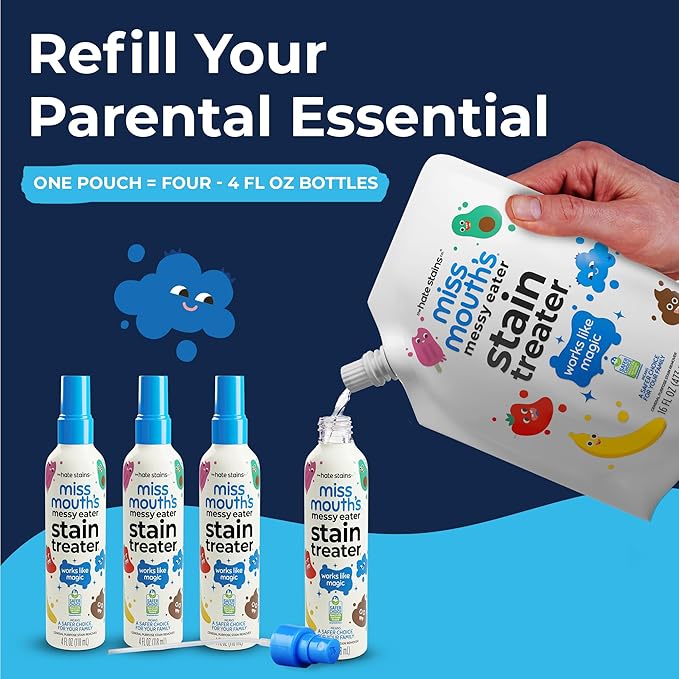 Miss Mouth’s Messy Eater Stain Treater Refill Ready Kit - 2 Pack Stain Remover Spray and 16oz Refill Pouch - Newborn &amp Baby Essentials - Food Grease Coffee Off Laundry Underwear Fabric