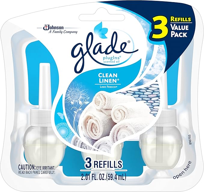 Glade PlugIns Refills Air Freshener Starter Kit Scented and Essential Oils for Home and Bathroom Clean Linen 4.02 Fl Oz 2 Warmers + 6 Refills