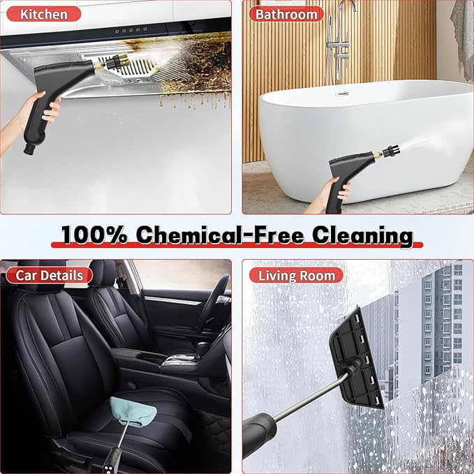 Portable Steam Cleaner 2500W Pressurized Handheld Steam Cleaner with 1.2L Water Tank 6 Levels Steam Output 15s Fast Heating Steamer for Cleaning Home Furniture Bathroom Car Detailing (Red)