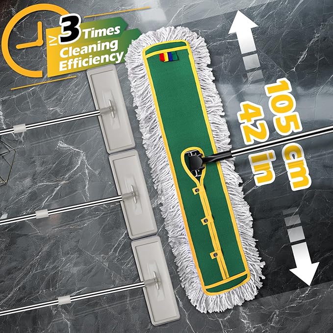 42 Commercial Dust Mop for Floor Cleaning MASTERTOP Large Flat Mop with Long Handle Sweeping Broom with 2 Different Mops Pads Industrial Mop for Hardwood Tile Gym Office Mall Warehouse