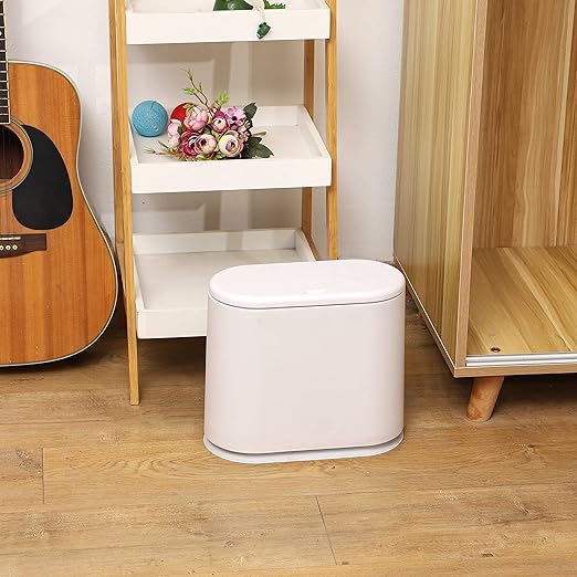 12L White Slim Bathroom Trash Can with Press Top Lid3.17 Gallon Pet/Dog Proof Kitchen Trash CanThin Garbage CanCovered WastebasketNarrow Small Plastic Trashcan for Craft RoomBedroomOfficeDorm