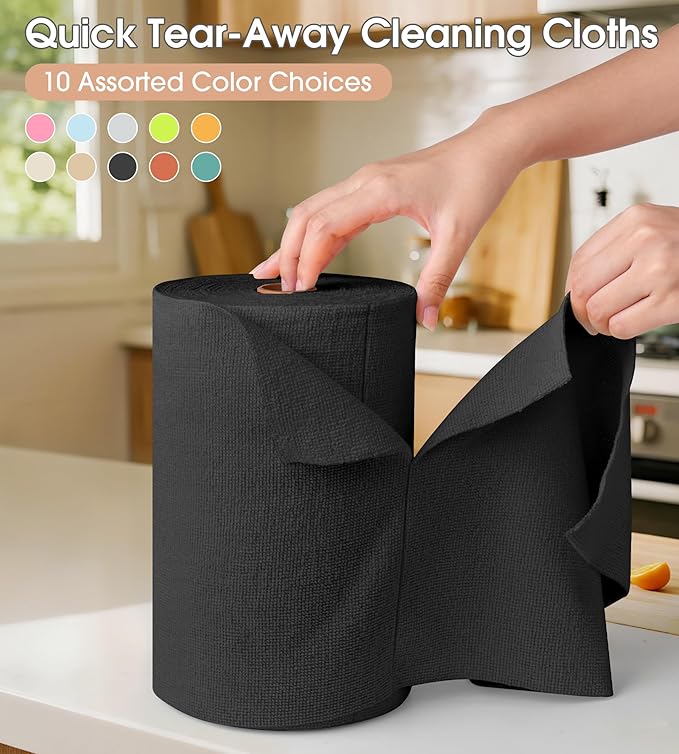KitchLife Microfiber Cleaning Cloth Roll 100 Pack - Tear-Away Microfiber Paper Towels Lint-Free Reusable Washable for Kitchen Car Dishes and Sensitive Surfaces (Black)