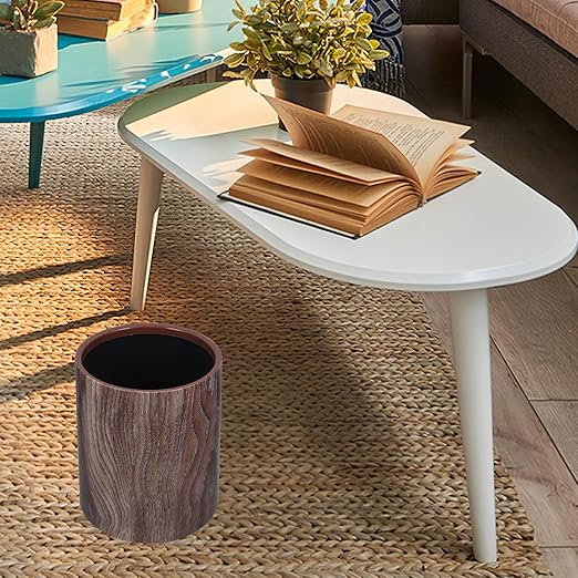 Imitation Wood Grain Trash Can Lidless Wastebasket for Bathroom Bedroom Office Kitchen Smooth Interior Easy to Clean Rustic Decorative Rubbish Bin for Home and Utility Rooms