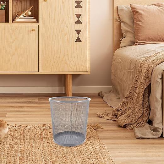 Metal Wastebasket Open Top Mesh Trash Can for Home Office Kitchen Bedroom Rust-Resistant Iron Mesh Bin with Wide Opening for Easy Garbage Disposal Medium Silver Round Recycling