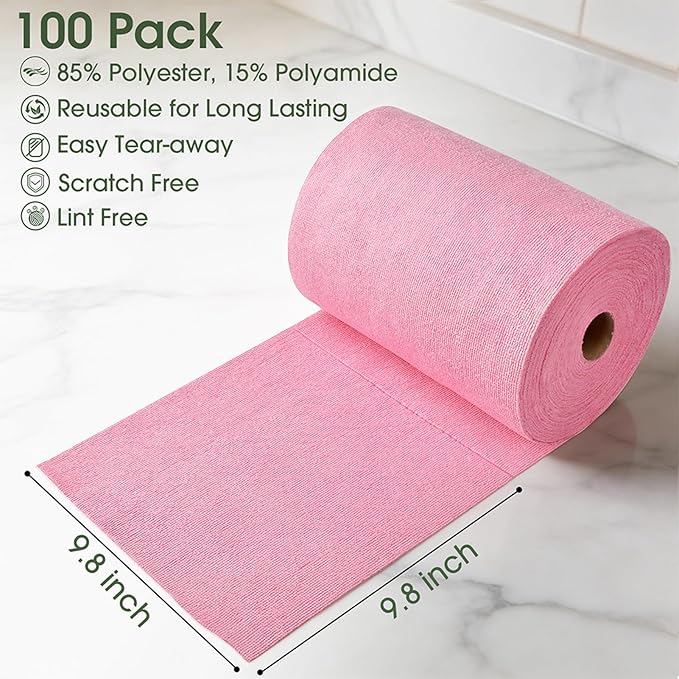 Microfiber Cleaning Cloth Roll - 100 Pack Tear Away Microfiber Paper Towels Reusable Washable Scratch-Free Kitchen Towels for Car Home Kitchen Glass Dishes(Pink)