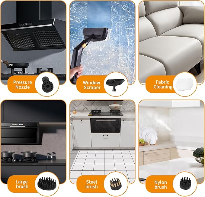 1500W Portable Handheld Steam Cleaner - 105℃ High Temperature Deep Cleaning with Removable Tank and 3 Brushes for Kitchen Bathroom Car Windows (US plug)