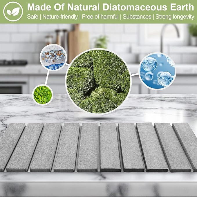 Grey Stone Drying Mat for Kitchen Counter Foldable 24 x 16 Diatomaceous Earth Dish Drying Mat Quick-Dry and Absorbent Mat for Dishes Bottles Cups Bathroom or Countertops