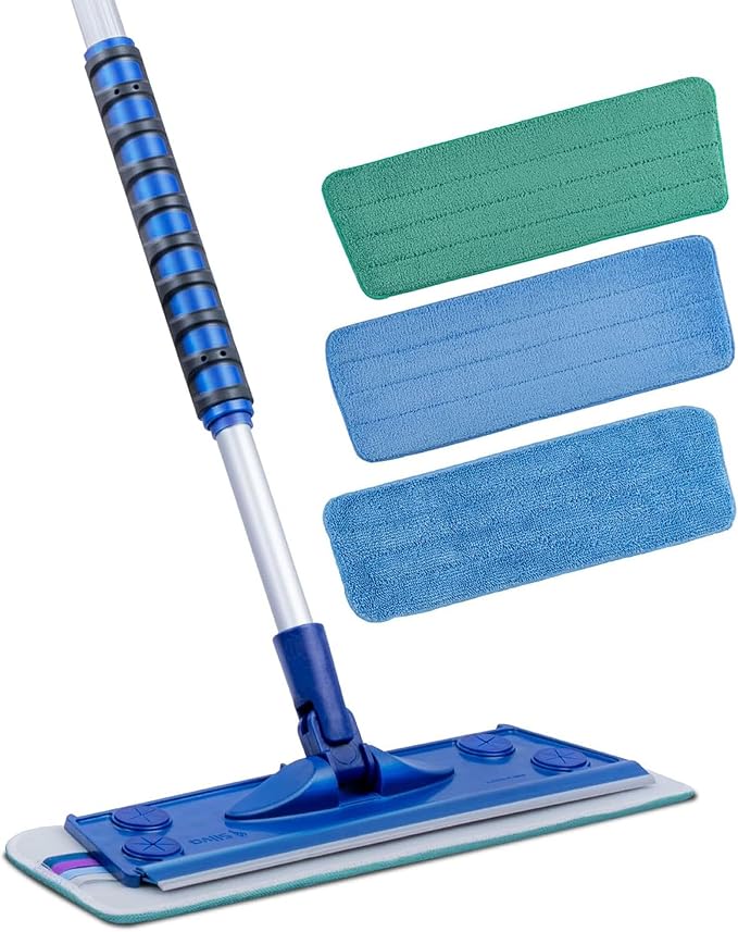 Silva Microfiber Mop Set with Reusable Microfiber Pads (Wet/Dry/Wall) | 360 Rotating Mop Head | Sturdy Extra Long Adjustable Metal Pole | Ergonomic Soft-Sponge Handle | Blue | Floor Wall Tile