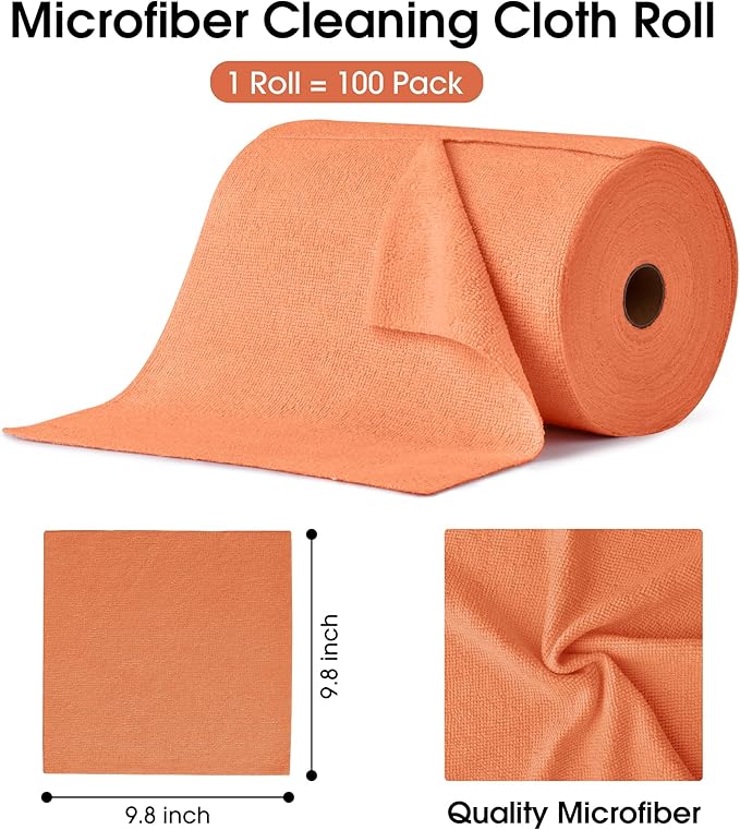 KitchLife Microfiber Cleaning Cloth Roll 100 Pack - Tear-Away Microfiber Paper Towels Lint-Free Reusable Washable for Kitchen Car Dishes and Sensitive Surfaces (Coral)