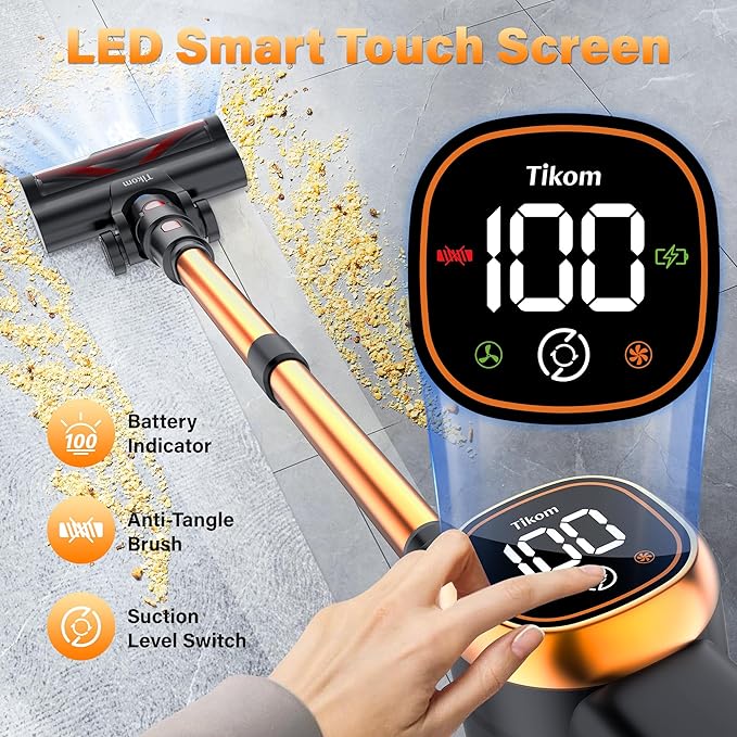 Tikom V500 Cordless Vacuum Cleaner for Home 40000Pa/450W Stick Vacuum with LED Touch Screen Charging Wall Dock Anti-Tangle Lightweight Handheld Vacuum for Pet Hair Hard Floor Carpet