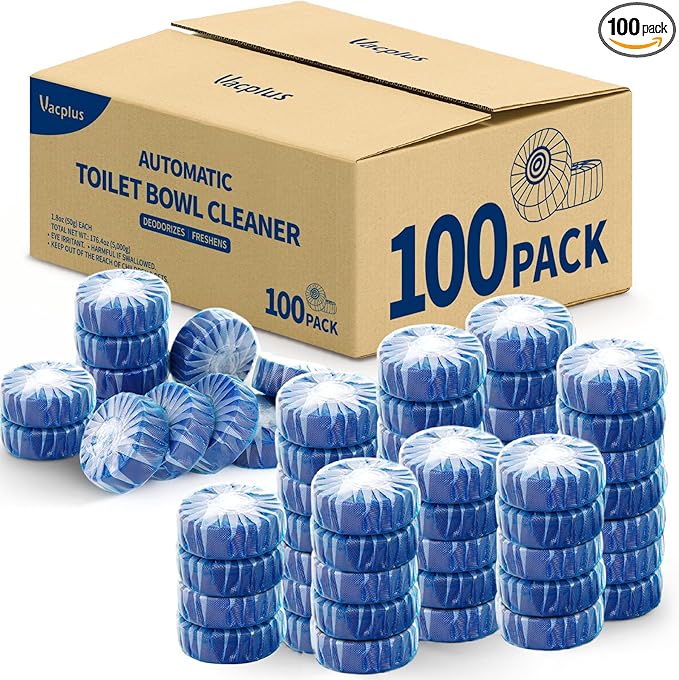 Vacplus Automatic Toilet Bowl Cleaner Tablets Drop-In Tank Cleaner for Bathroom Prevent Stains &amp Deodorize Long-Lasting Cleaning Tabs Easy-Use Freshener for Bowl &amp Tank 100 Pack